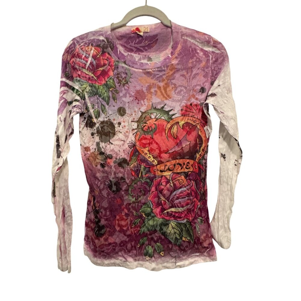 vintage Love 21 Graphic Long Sleeve Shirt Womens Large Multicolor Cotton Blend U